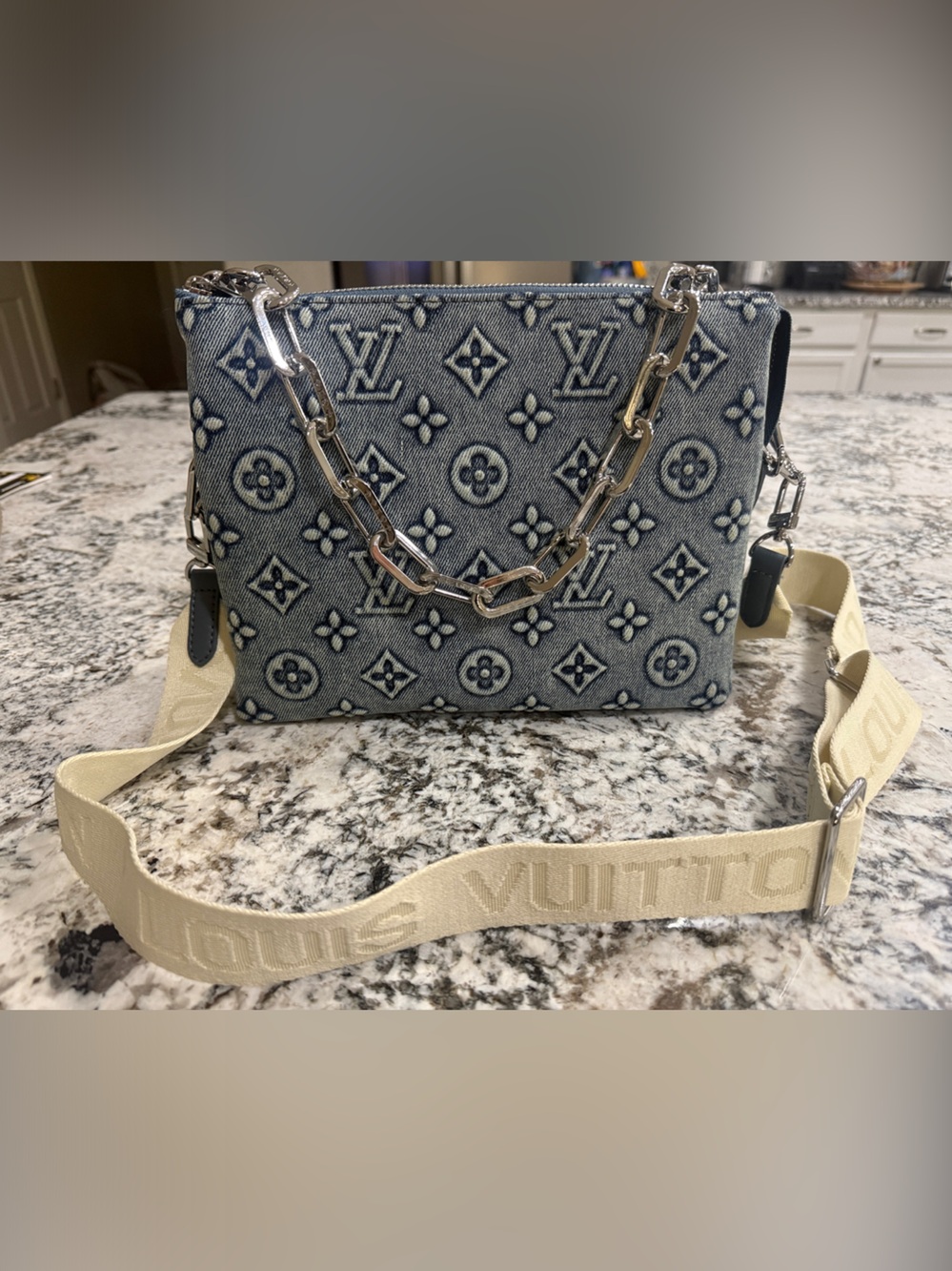 Designer InspiredBlue Denim Monogram Crossbody with Cream Strap and Silver Chain